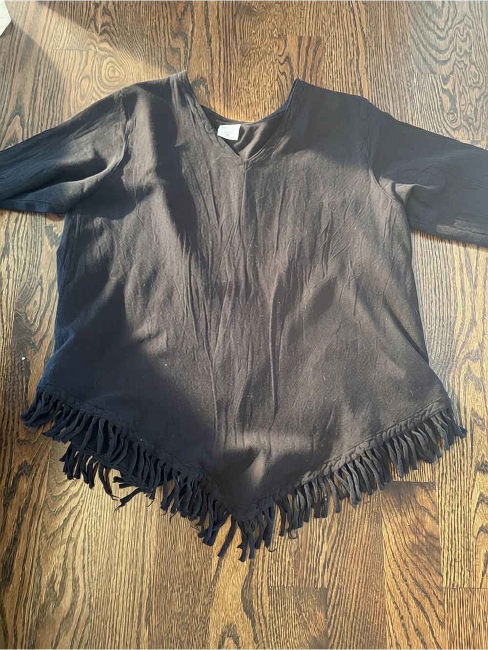 Vintage Sea Breeze of California Black 100% Cotton Fringe Poncho Top Made USA M